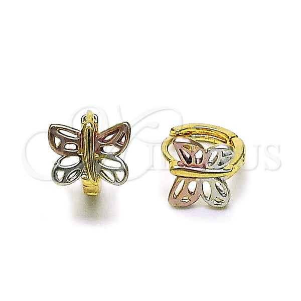 Gold Filled Hoop Earrings — Huggie Hoop Dragon-Fly Design Polished Tricolor 02. — main product view — SKU 160310 | Oro Laminado aretes de aro — Huggie Hoop Dragon-Fly diseño pulido Tricolor 02. — SKU 160310