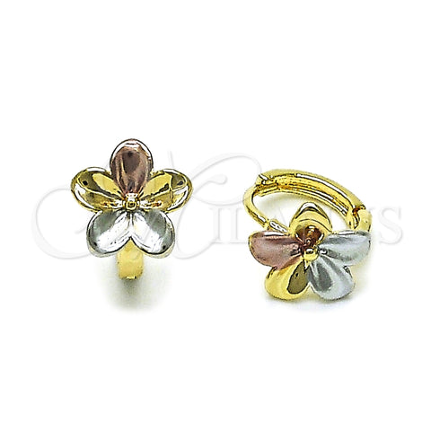 Oro Laminado Huggie Hoop, Gold Filled Style Flower Design, Polished, Tricolor, 02.196.0228.14