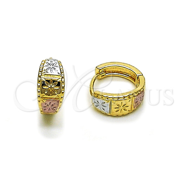 Gold Filled Hoop Earrings — Huggie Hoop Diamond Cutting Tricolor 02. — main product view — SKU 160313 | Oro Laminado aretes de aro — Huggie Hoop Diamond Cutting Tricolor 02. — SKU 160313