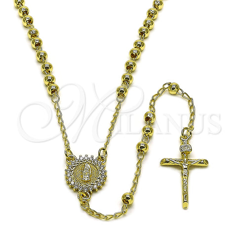 Oro Laminado Thin Rosary, Gold Filled Style Guadalupe and Crucifix Design, with White Cubic Zirconia, Polished, Golden Finish, 09.213.0061.24