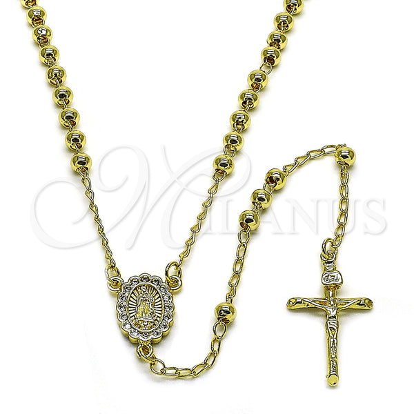 Oro Laminado Thin Rosary, Gold Filled Style Guadalupe and Crucifix Design, with White Cubic Zirconia, Polished, Golden Finish, 09.213.0062.24