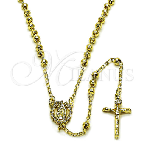 Oro Laminado Thin Rosary, Gold Filled Style Guadalupe and Crucifix Design, with White Cubic Zirconia, Polished, Golden Finish, 09.213.0063.24