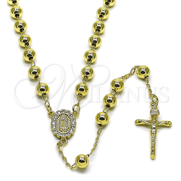 Oro Laminado Medium Rosary, Gold Filled Style Guadalupe and Crucifix Design, with White Cubic Zirconia, Polished, Golden Finish, 09.213.0039.24