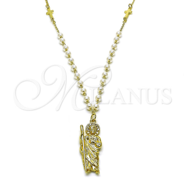 Oro Laminado Pendant Necklace, Gold Filled Style San Judas and Cross Design, with Ivory Pearl, Polished, Golden Finish, 04.213.0349.24