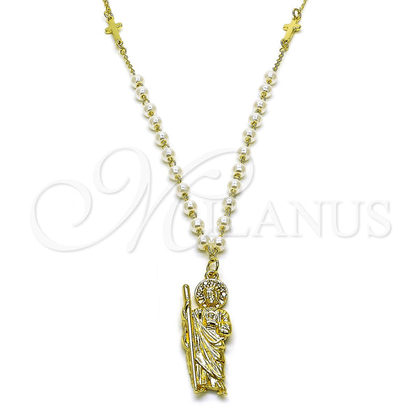 Oro Laminado Pendant Necklace, Gold Filled Style San Judas and Cross Design, with Ivory Pearl, Polished, Golden Finish, 04.213.0349.24 (04 MM Thickness, 24 Inches Length)