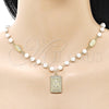 Oro Laminado Pendant Necklace, Gold Filled Style Guadalupe and Ball Design, with Ivory Pearl, Diamond Cutting Finish, Golden Finish, 04.213.0350.24