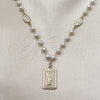 Oro Laminado Pendant Necklace, Gold Filled Style Guadalupe and Ball Design, with Ivory Pearl, Diamond Cutting Finish, Golden Finish, 04.213.0350.24
