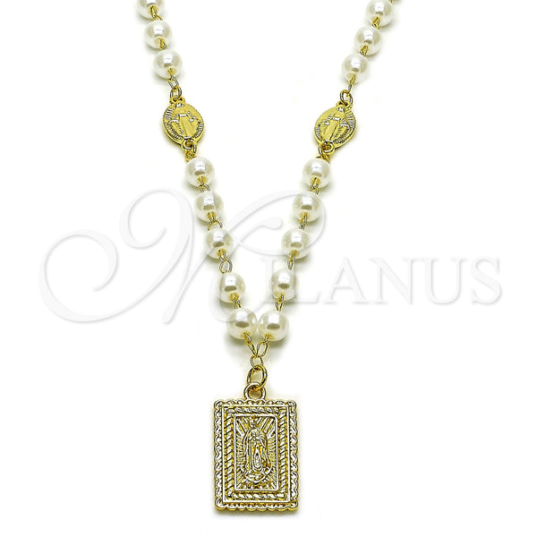 Oro Laminado Pendant Necklace, Gold Filled Style Guadalupe and Ball Design, with Ivory Pearl, Diamond Cutting Finish, Golden Finish, 04.213.0350.24 (Thickness, 24 Inches Length)