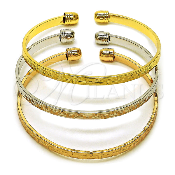 Oro Laminado Trio Bangle, Gold Filled Style Greek Key Design, Diamond Cutting Finish, Tricolor, 07.170.0059 (Thickness, One size fits all)