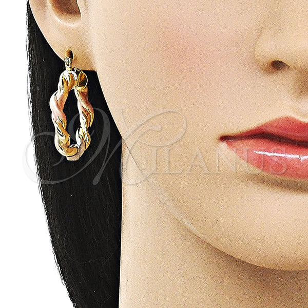 Gold Filled Hoop Earrings — Medium Hoop Twist and Hollow Design Polished Tricolor — alternate product view — SKU 160334 | Oro Laminado aretes de aro — Medium Hoop Twist and Hollow diseño pulido Tricolor — SKU 160334