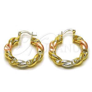 Gold Filled Hoop Earrings — Medium Hoop Twist and Hollow Design Polished Tricolor — main product view — SKU 160334 | Oro Laminado aretes de aro — Medium Hoop Twist and Hollow diseño pulido Tricolor — SKU 160334