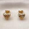 Oro Laminado Stud Earring, Gold Filled Style Heart Design, Diamond Cutting Finish, Golden Finish, 02.163.0385