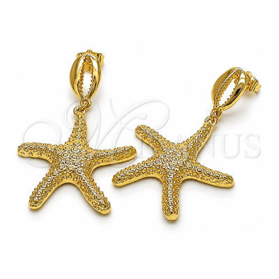 Oro Laminado Dangle Earring, Gold Filled Style Shell and Star Design, Diamond Cutting Finish, Golden Finish, 02.163.0390
