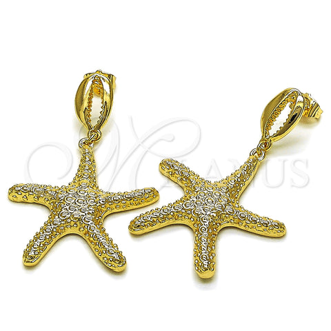 Oro Laminado Dangle Earring, Gold Filled Style Shell and Star Design, Diamond Cutting Finish, Golden Finish, 02.163.0390