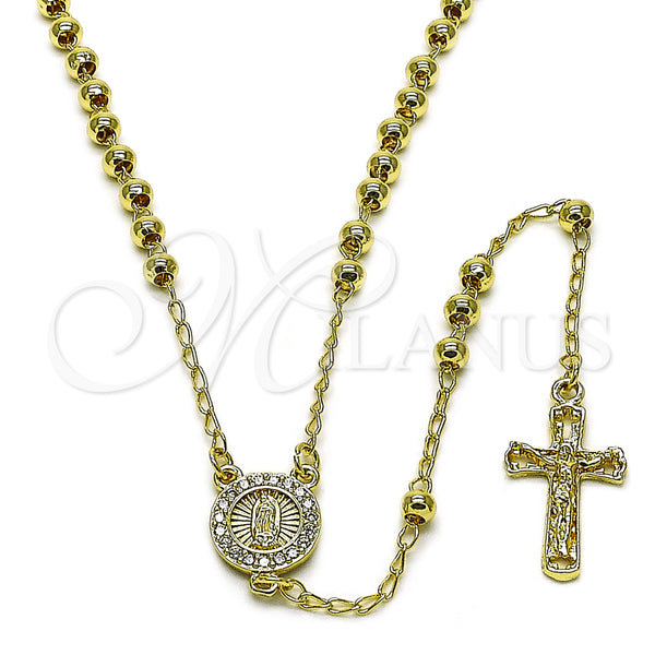 Oro Laminado Thin Rosary, Gold Filled Style Guadalupe and Crucifix Design, with White Cubic Zirconia, Polished, Golden Finish, 09.213.0065.24