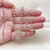 Oro Laminado Thin Rosary, Gold Filled Style Guadalupe and Ball Design, with White Cubic Zirconia, Polished, Golden Finish, 09.213.0066.24