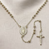 Oro Laminado Thin Rosary, Gold Filled Style Guadalupe and Ball Design, with White Cubic Zirconia, Polished, Golden Finish, 09.213.0068.24