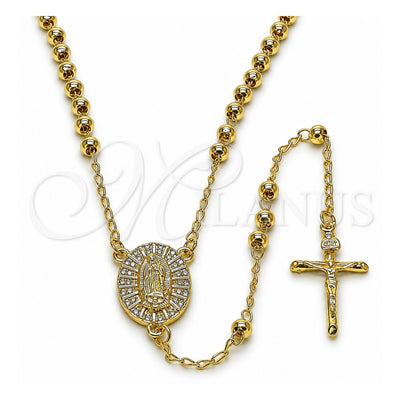 Oro Laminado Thin Rosary, Gold Filled Style Guadalupe and Ball Design, with White Cubic Zirconia, Polished, Golden Finish, 09.213.0068.24