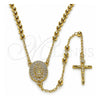 Oro Laminado Thin Rosary, Gold Filled Style Guadalupe and Ball Design, with White Cubic Zirconia, Polished, Golden Finish, 09.213.0068.24