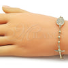 Oro Laminado Fancy Bracelet, Gold Filled Style Guadalupe and Crucifix Design, Polished, Golden Finish, 03.213.0359.08 (04 MM Thickness, 8 Inches Length)