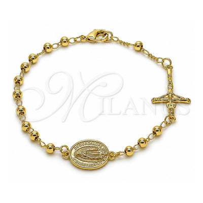 Oro Laminado Fancy Bracelet, Gold Filled Style Guadalupe and Crucifix Design, Polished, Golden Finish, 03.213.0359.08 (04 MM Thickness, 8 Inches Length)