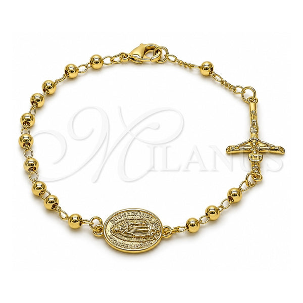 Oro Laminado Fancy Bracelet, Gold Filled Style Guadalupe and Crucifix Design, Polished, Golden Finish, 03.213.0359.08 (04 MM Thickness, 8 Inches Length)