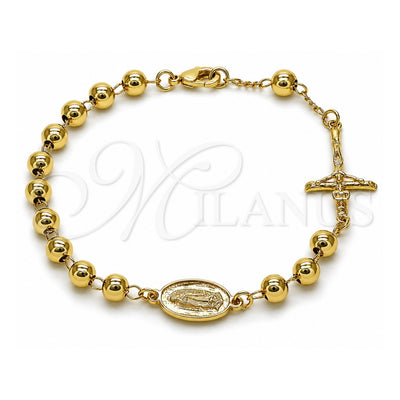 Oro Laminado Fancy Bracelet, Gold Filled Style Guadalupe and Crucifix Design, Polished, Golden Finish, 03.213.0360.08 (06 MM Thickness, 9 Inches Length)
