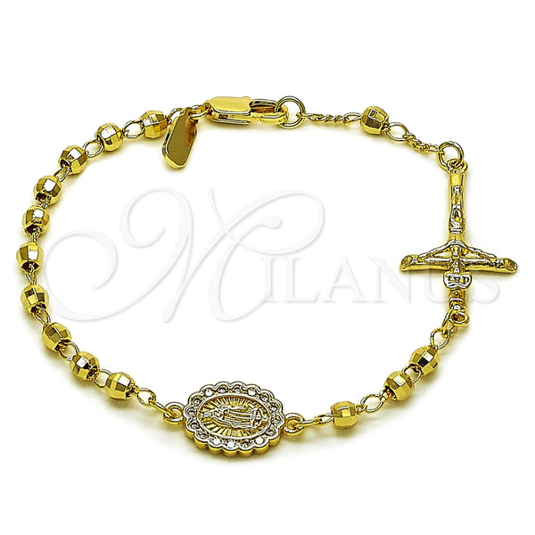 Oro Laminado Fancy Bracelet, Gold Filled Style Guadalupe and Crucifix Design, with White Cubic Zirconia, Diamond Cutting Finish, Golden Finish, 03.213.0361.07 (04 MM Thickness, 8 Inches Length)