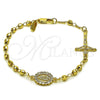 Oro Laminado Fancy Bracelet, Gold Filled Style Guadalupe and Crucifix Design, with White Cubic Zirconia, Diamond Cutting Finish, Golden Finish, 03.213.0361.07 (04 MM Thickness, 8 Inches Length)