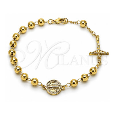 Oro Laminado Fancy Bracelet, Gold Filled Style San Benito and Crucifix Design, Polished, Golden Finish, 03.213.0362.08 (06 MM Thickness, 9 Inches Length)