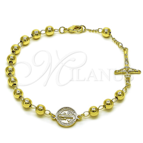 Oro Laminado Fancy Bracelet, Gold Filled Style San Benito and Crucifix Design, Polished, Golden Finish, 03.213.0362.08 (06 MM Thickness, 9 Inches Length)