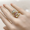 Oro Laminado Multi Stone Ring, Gold Filled Style Teddy Bear and Baguette Design, with Garnet Cubic Zirconia and White Micro Pave, Polished, Golden Finish, 01.284.0108.1 (One size fits all)