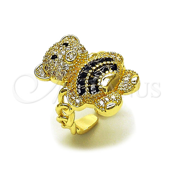 Oro Laminado Multi Stone Ring, Gold Filled Style Teddy Bear and Baguette Design, with Black Cubic Zirconia and White Micro Pave, Polished, Golden Finish, 01.284.0108.4 (One size fits all)