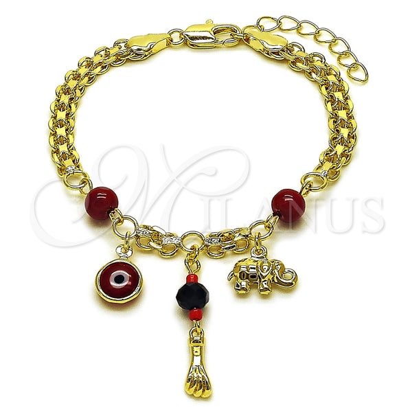 Oro Laminado Fancy Bracelet, Gold Filled Style Bismark and Evil Eye Design, with Garnet Pearl, Polished, Golden Finish, 03.213.0363.07 (05 MM Thickness, 7 Inches Length)
