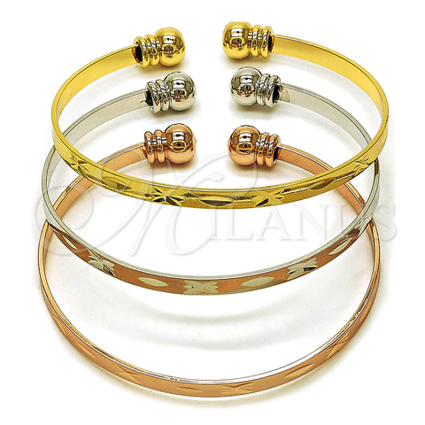 Oro Laminado Trio Bangle, Gold Filled Style Diamond Cutting Finish, Tricolor, 07.282.0044 (04 MM Thickness, One size fits all)