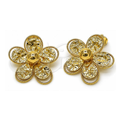 Oro Laminado Stud Earring, Gold Filled Style Flower Design, Diamond Cutting Finish, Golden Finish, 02.282.0038