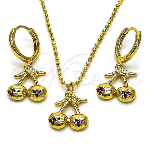 Oro Laminado Earring and Pendant Adult Set, Gold Filled Style Cherry Design, with Ruby Micro Pave, Polished, Golden Finish, 10.282.0006