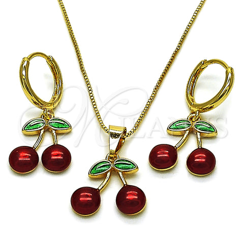 Oro Laminado Earring and Pendant Adult Set, Gold Filled Style Cherry Design, Red Enamel Finish, Golden Finish, 10.282.0009