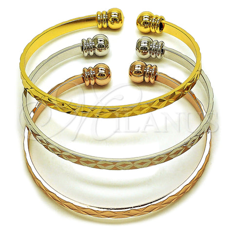 Oro Laminado Trio Bangle, Gold Filled Style Diamond Cutting Finish, Tricolor, 07.282.0046 (04 MM Thickness, One size fits all)