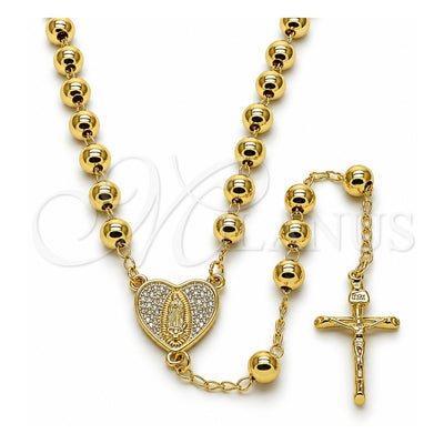 Oro Laminado Medium Rosary, Gold Filled Style Guadalupe and Crucifix Design, with White Micro Pave, Polished, Golden Finish, 09.213.0069.24