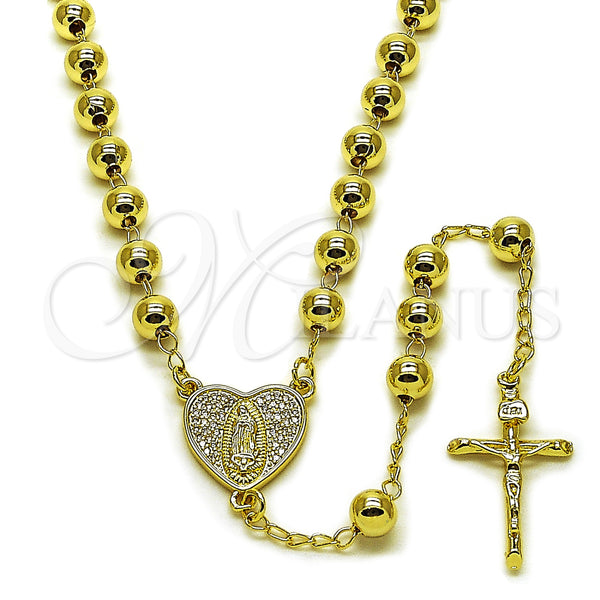 Oro Laminado Medium Rosary, Gold Filled Style Guadalupe and Crucifix Design, with White Micro Pave, Polished, Golden Finish, 09.213.0069.24
