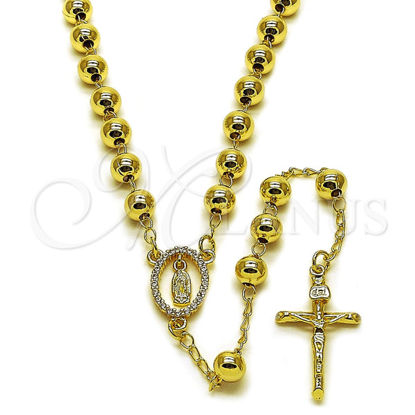 Oro Laminado Medium Rosary, Gold Filled Style Guadalupe and Crucifix Design, with White Cubic Zirconia, Polished, Golden Finish, 09.213.0070.24