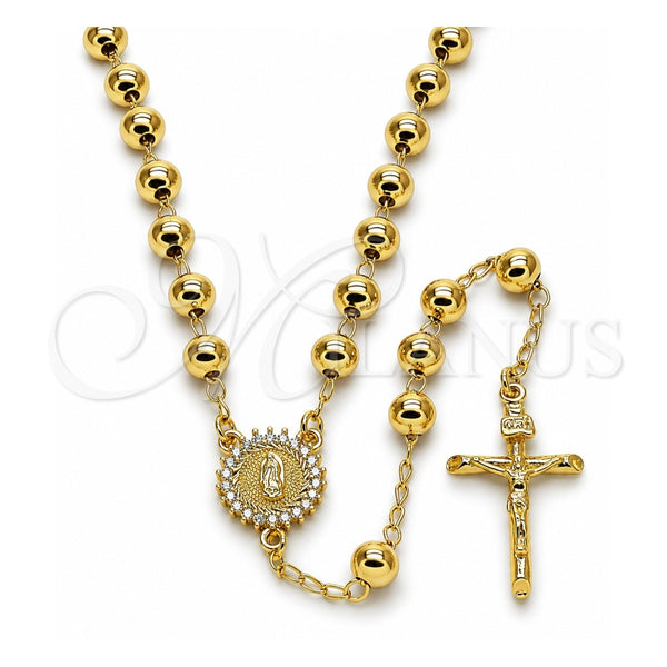 Oro Laminado Medium Rosary, Gold Filled Style Guadalupe and Crucifix Design, with White Cubic Zirconia, Polished, Golden Finish, 09.213.0071.24