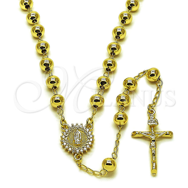 Oro Laminado Medium Rosary, Gold Filled Style Guadalupe and Crucifix Design, with White Cubic Zirconia, Polished, Golden Finish, 09.213.0071.24