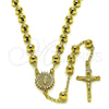 Oro Laminado Medium Rosary, Gold Filled Style Guadalupe and Crucifix Design, with White Cubic Zirconia, Polished, Golden Finish, 09.213.0071.24