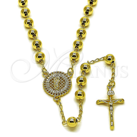 Oro Laminado Medium Rosary, Gold Filled Style San Judas and Crucifix Design, with White Micro Pave, Polished, Golden Finish, 09.213.0072.24