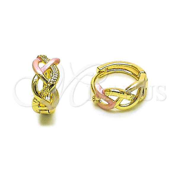 Gold Filled Hoop Earrings — Huggie Hoop Twist Design Polished Tricolor 02. — main product view — SKU 160400 | Oro Laminado aretes de aro — Huggie Hoop Twist diseño pulido Tricolor 02. — SKU 160400