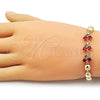 Oro Laminado Fancy Bracelet, Gold Filled Style Cherry and Ball Design, with Garnet and Green Cubic Zirconia, Polished, Golden Finish, 03.283.0475.07 (Thickness, 7 Inches Length)