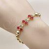Oro Laminado Fancy Bracelet, Gold Filled Style Cherry and Ball Design, with Garnet and Green Cubic Zirconia, Polished, Golden Finish, 03.283.0475.07 (Thickness, 7 Inches Length)