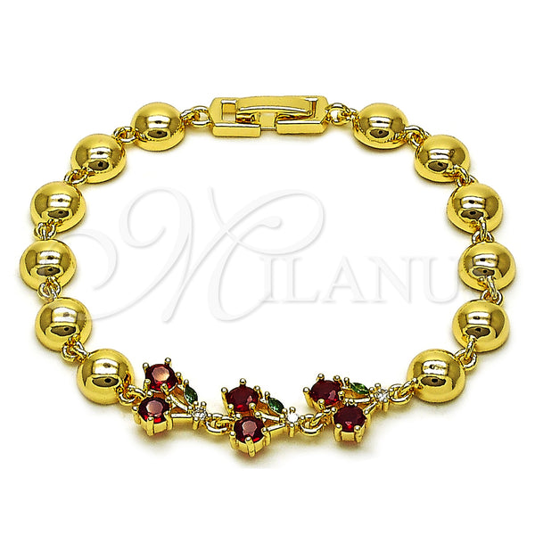 Oro Laminado Fancy Bracelet, Gold Filled Style Cherry and Ball Design, with Garnet and Green Cubic Zirconia, Polished, Golden Finish, 03.283.0475.07 (Thickness, 7 Inches Length)